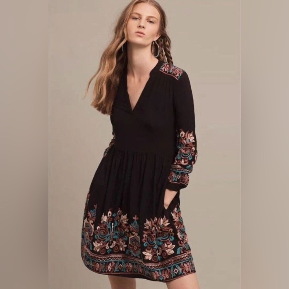 Anthropologie Floreat Avery Black Embroidered Dress